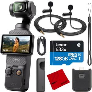 DJI Osmo Pocket 3 Vlogging Camera with 1'' CMOS & 4K/120fps Video, 3-Axis Stabilization, Fast Focus, Face/Object Tracking, Rotatable Touchscreen Bundle with Deco Gear 2 Lapel Microphones + 128GB Card
