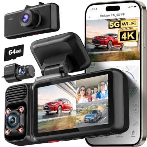 REDTIGER F17 4K 3 Channel Dash Cam, 5GHz WiFi Built-in GPS with 64GB Card, 2160P+1080P+1080P Front and Rear Inside, Triple Car Camera with 3 Inch Screen, IR Night Vision, G Sensor, WDR, Parking Mode