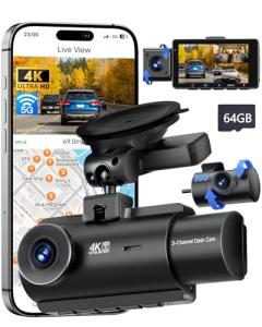 QCONTROL® 4K 5G WiFi 3 Channel Dash Cam Front and Rear Inside, 4K+1080P+1080P Dash Camera for Cars, GPS Dashcam, Car Camera with 3-Inch Screen, IR Night Vision, 24Hr Parking Mode, G-Sensor, 64GB Card
