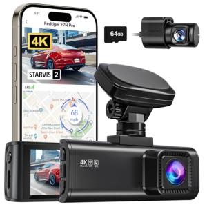 REDTIGER 4K Dash Cam Front and Rear, STARVIS 2 Sensor, 64GB Card Included, 4K/2.5K+1080P Dual Dash Camera for Cars Built-in WiFi GPS, 3.18 Inch IPS Screen, 170° Wide Angle, Parking Monitor (F7N Pro)
