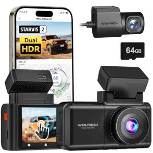 WOLFBOX X3 2.5K 60FPS Dash Cam, STARVIS 2 IMX675 with ADAS, 2.5K+1080P Dual Dash Cam Front and Rear, Built-in 5.8GHz WiFi & GPS, Included 64GB Card, Touch Screen, G-Sensor, Loop Recording