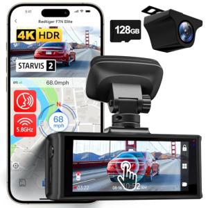 REDTIGER 4K HDR Dash Cam Front and Rear, STARVIS 2 Sensor, 5.8GHz WiFi APP, 3.18" Touchscreen, Voice Control, 128G Card Included, WDR, Dash Camera for Cars with GPS, 24H Parking Mode(F7N Elite)