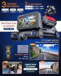 ROVE R3 Dash Cam Front and Rear with Cabin, 3” IPS Touch Screen, 3 Channel Dash Cam 1440P+1080P+1080P, IR Night Vision, 5GHz WiFi, Up to 30MB/s Download Speed, Quad-Mode GPS, Supports 512GB Max
