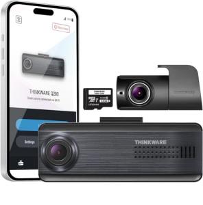 THINKWARE Q200 2CH Dash Cam 2K Front 1080P Rear Car Dashboard Camera, WiFi, WDR, Speed Red Light Alerts, ADAS, 256GB Max, Parking Monitor, Night Vision (32GB MicroSD, 12V Cigar, Hardwiring Cable, GPS)