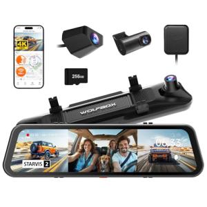 WOLFBOX G900 Tripro Cabin Version 3 Channel 4K Rear View Mirror Camera, STARVIS 2 IMX678 Night Vision,4K+1080P+2.5K Front Inside and Rear Mirror Dash Cam,5.8GHz WiFi,Voice Control,Includes 256GB Card