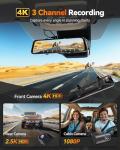 WOLFBOX G900 Tripro Cabin Version 3 Channel 4K Rear View Mirror Camera, STARVIS 2 IMX678 Night Vision,4K+1080P+2.5K Front Inside and Rear Mirror Dash Cam,5.8GHz WiFi,Voice Control,Includes 256GB Card