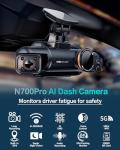 AI Dash Cam Front Rear Inside, 4 Channel 3k+1080P*3 Dashcam with Smart Driving Monitor System, 360° View Car Cameras 5GHz Wi-Fi GPS, Camera for Car Night Vision 128GB SD Card, 24H Parking Mode N700Pro