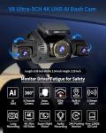 360° View 5 Channel Dash Cam Front and Rear with AI Driver Monitor System DMS, 4K Dash Camera for Cars, Built-in GPS WiFi Night Vision, Dashcam with 128G Card, 24/7 Parking Monitor Mode, V8 Ultra-5CH