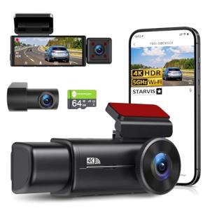 GMAIPOP 4K 3 Channel Dash Cam Front Rear Inside,STARVIS Sensor, 5GHz WiFi,64GB Card Included, 2160P+1080P+1080P Car Dash Camera, 3.16" IPS Screen, IR Night Vision,HDR, G-Sensor, 24/7 Parking Mode