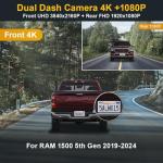 Fitcamx Front 4K+Rear 1080P Dash Cam Adapts for Dodge RAM 1500 (MODEL B) 2019-2024 Rebel Big Horn Laramie, OEM Look, Dual HD Video, WiFi Connect&APP, Loop Recording G-Sensor, Easy to Set, 128GB Card