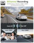 GMAIPOP 4K 3 Channel Dash Cam Front Rear Inside，STARVIS Sensor, 5GHz WiFi,64GB Card Included, 2160P+1080P+1080P Car Dash Camera, 3.16" IPS Screen, IR Night Vision,HDR, G-Sensor, 24/7 Parking Mode