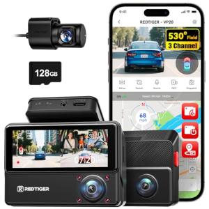 REDTIGER 530° Dash Cam 3 Channel, 2.5K+2.5K+1080P Triple Car Camera with 128GB Card, IR Night Vision, Touch Screen, Dashcam for Front Inside Rear Included WiFi GPS, 24H Parking Mode
