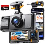 Real 4K 3 Channel Dash Cam Front and Rear Inside, STARVIS 2 HDR Sensor, 5.8GHz Wi-Fi GPS G-Sensor, 4K+1080P+1080P Dashcam, Free 64GB Card Include, IR Night Vision, 3.3'' Big IPS, 24Hr Parking Monitor