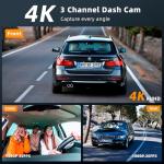 Real 4K 3 Channel Dash Cam Front and Rear Inside, STARVIS 2 HDR Sensor, 5.8GHz Wi-Fi GPS G-Sensor, 4K+1080P+1080P Dashcam, Free 64GB Card Include, IR Night Vision, 3.3'' Big IPS, 24Hr Parking Monitor
