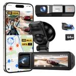 OVAMAN 4K+1080P+1080P 3 Channel Dash Cam Front and Rear Inside with Free 64GB Card,3.2 Inch Screen Dash Camera for Cars,5.8GHz WiFi Built-in GPS, IR Night Vision Dashcam,24H Parking Mode,G-Sensor