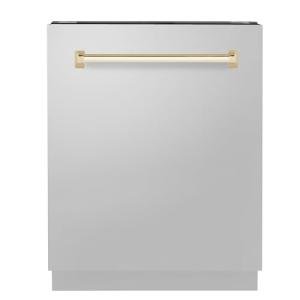 ZLINE Autograph Edition 24" 3rd Rack Top Control Tall Tub Dishwasher in Stainless Steel with Gold Handle, 51dBa (DWVZ-304-24-G)