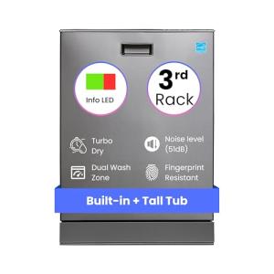 Equator 24" Built-in Dishwasher Top Controls with 3rd Rack 15 place 3.4g QUIET 51 dB 110V EStar with Corrosion Resistant Stainless Steel Racks in Silver