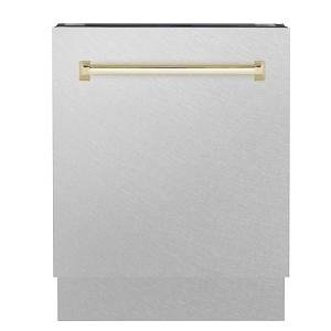 ZLINE Autograph Edition 24 in. Tallac Series 3rd Rack Top Control Built-In Tall Tub Dishwasher with Satin Stainless Steel Panel and Polished Gold Handle, 51dBa (DWVZ-SN-24-G)