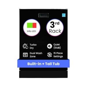 Equator 24" Built-in Dishwasher Top Controls with 3rd Rack 15 place 3.4g QUIET 51 dB 110V EStar with Corrosion Resistant Stainless Steel Racks in Black