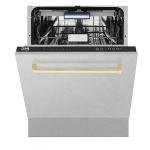 ZLINE Autograph Edition 24 in. Tallac Series 3rd Rack Top Control Built-In Tall Tub Dishwasher with Satin Stainless Steel Panel and Polished Gold Handle, 51dBa (DWVZ-SN-24-G)