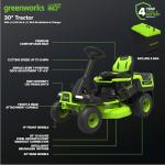 Greenworks 60V 30" Tractor+Rear Bagger+Bagging Blades,(4) 8.0Ah+(1) 20.0Ah Batteries+Wall Charger