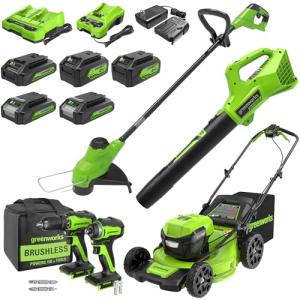 Greenworks 48V (2x24V) Electric Lawn Mower Combo Kit: 21" Self - Propelled Mower, 12" String Trimmer, 320 CFM Blower, and 1/2”Drill & 1/4”Hex Impact Driver, 5 Batteries & 3 Chargers, 3-Year Warranty