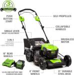 Greenworks 40V 21" Self-Propelled Lawn Mower,Axial Leaf Blower(500 CFM / 120 MPH),13" String Trimmer, 10" Tablet Fan (AC/DC), Includes 2 Batteries(5Ah+2Ah) & Chargers