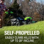 Greenworks 40V 21" Self-Propelled Lawn Mower,Axial Leaf Blower(500 CFM / 120 MPH),13" String Trimmer, 10" Tablet Fan (AC/DC), Includes 2 Batteries(5Ah+2Ah) & Chargers