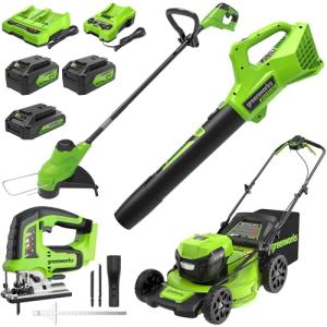 Greenworks 48V (2x24V) Lawn Mower Combo - 21" self propelled Lawn Mower, 12" String Trimmer, 320 CFM Blower and 24V Jig Saw - Ideal for Yard & Indoor