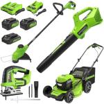 Greenworks 48V (2x24V) Lawn Mower Combo - 21" self propelled Lawn Mower, 12" String Trimmer, 320 CFM Blower and 24V Jig Saw - Ideal for Yard & Indoor