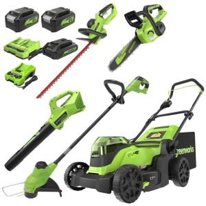Greenworks 48V (2x24V) 17" Cordless Push Mower, 10" String Trimmer, 320 CFM Blower,10" Chainsaw,and 22" Hedge Trimmer Combo Kit