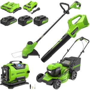 Greenworks 48V (2x24V) All - in - One Cordless Combo - 20" Push Lawn Mower, 12" Trimmer, 320 CFM Blower & 24V Inflator