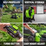 Greenworks 48V (2x24V) Cordless Yard Tool Combo - 21" Self - Propelled Lawn Mower, 12" Trimmer, Blower + 24V Cordless Battery Car Jack
