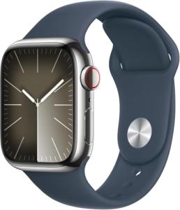 Apple Watch Series 9 [GPS + Cellular 45mm] Smartwatch with Silver Stainless Steel Case with Storm Blue Sport Band M/L. Fitness Tracker, ECG Apps, Always-On Retina Display
