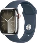 Apple Watch Series 9 [GPS + Cellular 41mm] Smartwatch with Silver Stainless Steel Case with Storm Blue Sport Band M/L. Fitness Tracker, ECG Apps, Always-On Retina Display