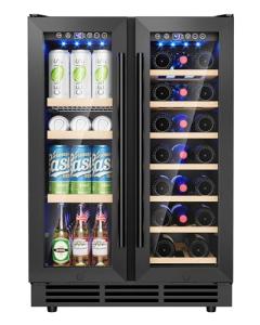 ICEVIVAL Wine and Beverage Refrigerator, 24 Inch Built-In Wine Fridge with Glass Door, Holds 20 Wine Bottles & 60 Cans, Under Counter Refrigerator with Quiet Cooling System & Blue LED Light(Black)