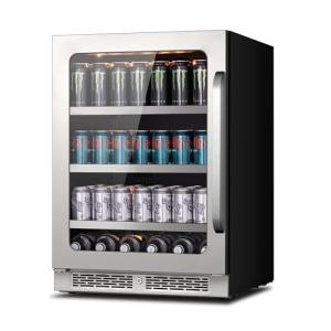 24 Inch Beverage Refrigerator 140 Cans Beverage Fridge, Drink Fridge with Glass Door 3 LED 34-54 ℉ Beverage Coolers Built-in or Freestanding Adjustable Shelves for Home/Kitchen(5.65 cu.ft)