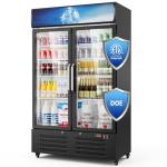 44"W ETL & DOE Certified 28 Cu Ft Commercial Merchandiser Refrigerators 2 Doors, Display Beverage Fridge with Built-in LED Light & Front LED Light,Double Glass Door Upright Business Retail Cooler