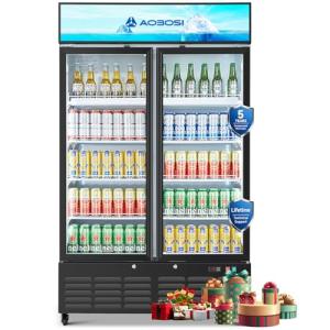 AAOBOSI Commercial Merchandiser Refrigerator,27.02 Cu.Ft Glass Door Display Refrigerator,Upright Beverage Cooler Fridge with Soft LED Light, Customizable Lightbox,Universal Casters,Adjustable Shelves