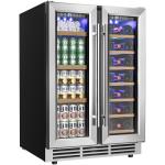 EUHOMY Wine and Beverage Refrigerator, 24 Inch Dual Zone Wine Cooler with Glass Door Hold 21 Bottles and 88 Cans, Built in or Under Counter Wine Fridge with Blue LED Light