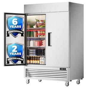 Coolski 54’’ Wide Commercial Refrigerator with 8 Shelves, Stainless Steel Reach-in Refrigerators with 49 Cu.Ft. Capacity 2 Solid Doors for Restaurant Cafe Garage, ETL NSF Approved