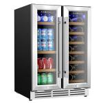 EUHOMY Wine and Beverage Refrigerator, 24 Inch Dual Zone Wine Cooler with Glass Door Hold 21 Bottles and 88 Cans, Built in or Under Counter Wine Fridge with Blue LED Light