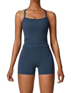Women's Dark Blue Cross Back Tank & Biker Shorts Set