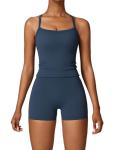 Women's Dark Blue Cross Back Tank & Biker Shorts Set