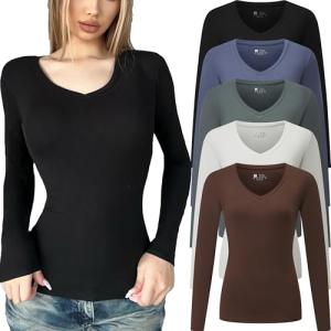 5 Pack Women's Long Sleeve V-Neck Tees