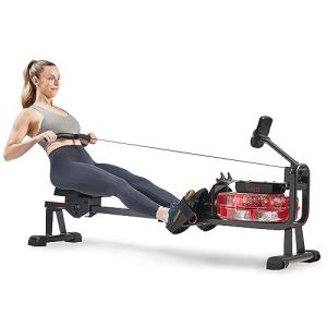 Sunny Health & Fitness Obsidian Surge Smart Water Rowing Machine with Dynamic Real-Time Resistance, Foldable Rower with Bluetooth Connectivity and Extra Long Slide- SF-RW522073