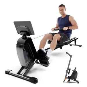 Magnetic Rowing Machine with 32-Level Electromagnetic Resistance, Dual Rail Design, Smart LED Feedback & App Integration, Foldable Quiet Rowing Rower for Home Gym