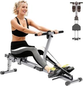 Rowing Machines for Home Foldable,Indoor Fitness Hydraulic Rowing Machine,300LBS Weight Capacity with 12 Levels of Adjustable Resistance,LCD Display for Real-time Recording,Dual Tracks for Quieter