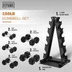 Fitvids Dumbbell Set with Rack, Rubber Coated Hex Dumbbell Weights in 150lbs, 5, 10, 15, 20, 25lbs Pair, Black
