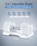 BYZOOM FITNESS Adjustable Dumbbell Set 25lb Single Unit – 5-in-1 Compact Free Weights for Home Gym, Patented Easy-Adjust Design, Sleek Aesthetic for Strength Training & Workouts, White
